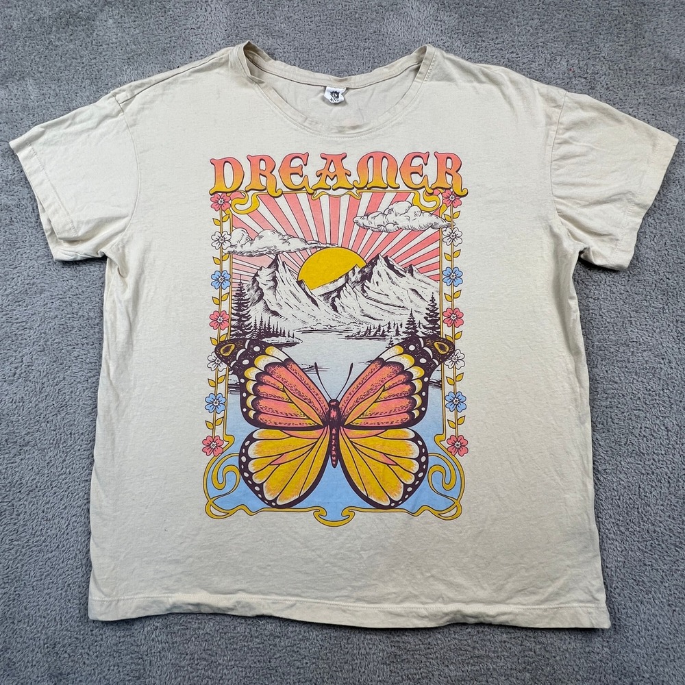 La Luna T Shirt Womens XL Cream Dreamer Butterfly Mountain Boho Retro Shirt